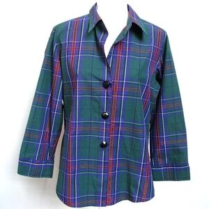 Foxcroft NYC Plaid Cotton Button Up Shirt Green Purple Womens Size 12